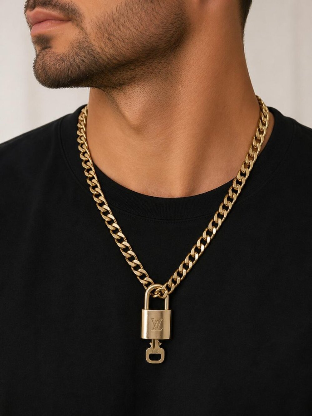 Authentic Louis Vuitgon Gold Padlock Pendant w/ Unbranded Cuban Stainless Steel